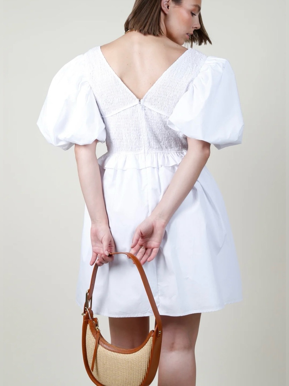 AUREUM Womens Smocked Puff Sleeve Mini Dress Sz Medium White Lined V Neck - Picture 2 of 10